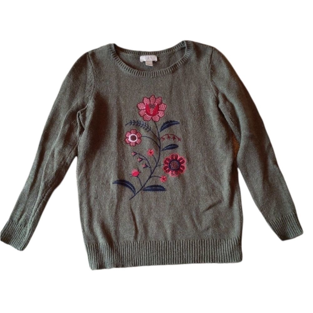 Loft small olive green embroidered wool sweater